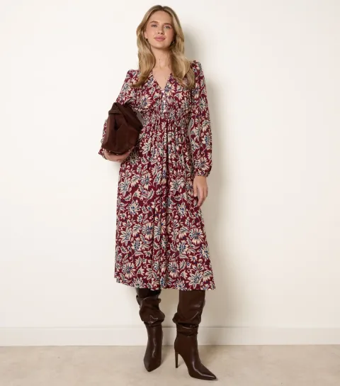 Blue Vanilla Women's Dark Burgundy Floral V Neck Midi Dress