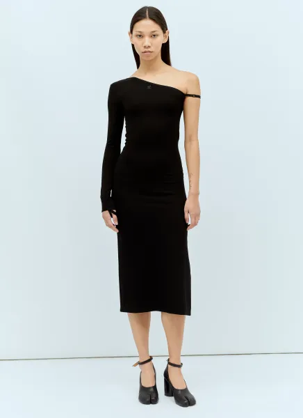 One-Sleeve Logo Emboridery Midi Dress