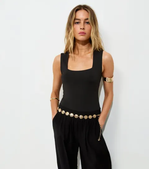 Women's Black Slinky Square Neck Sleeveless Bodysuit