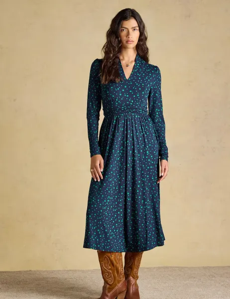 Joules Jersey Spot Print V Neck Midi Skater Dress Blue Mix