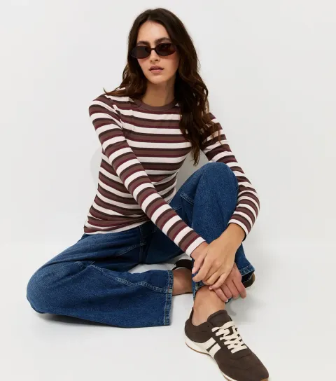New Look Women's Red Cotton Rich Long Sleeve Ribbed Crew Neck Top