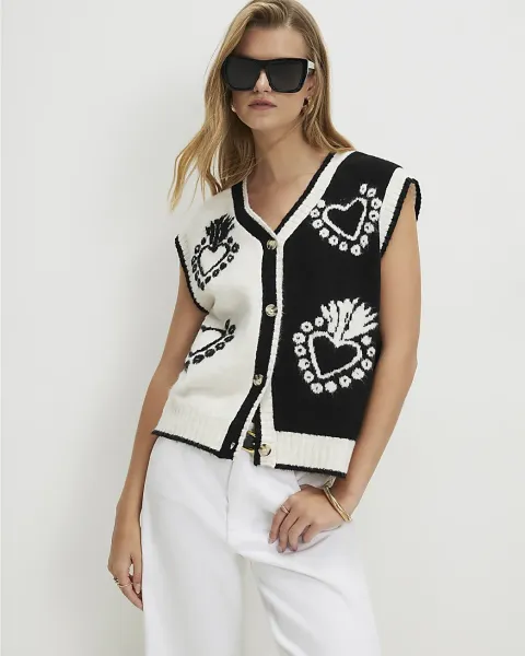 River Island Monochrome Knitted Heart Waistcoat