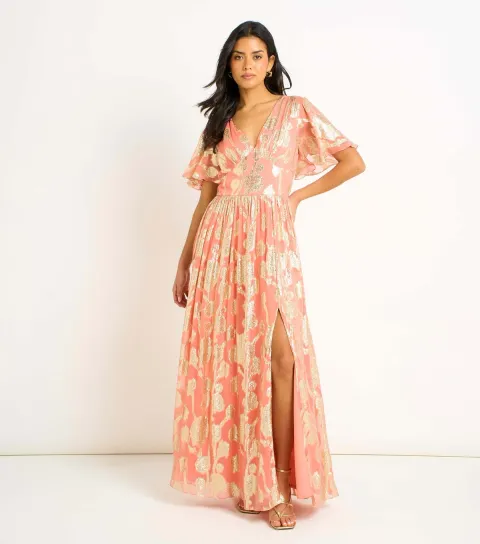 Women's Light Pink Metallic Floral Maxi Dress