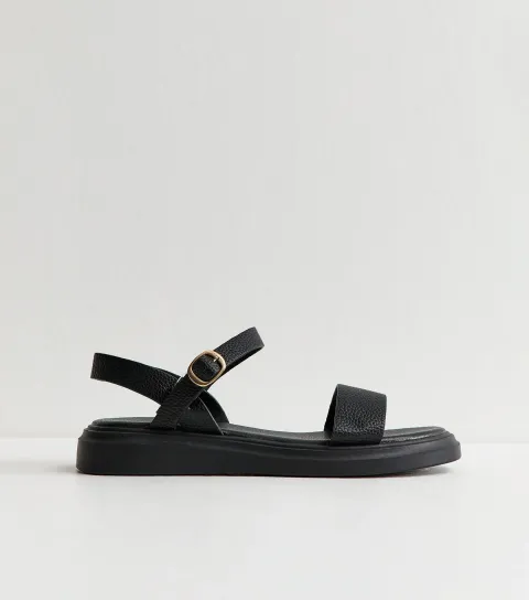 Women's Wide Fit Black Faux Leather Flat Buckled Sandals Vegan