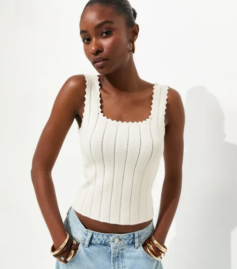 Women's Cream Pointelle Square Neck Vest
