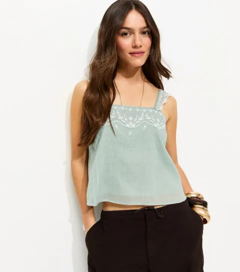 Women's Petite Mint Green Embroidered Strap Peplum Cami Top