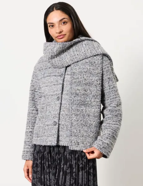 FatFace Herringbone Short Jacket with Scarf Grey Mix