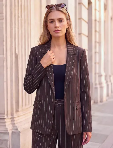 Roman Pinstriped Cropped Jacket Chocolate