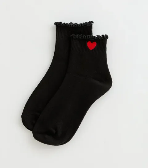 New Look Black Embroidered Heart Frill Ankle Socks