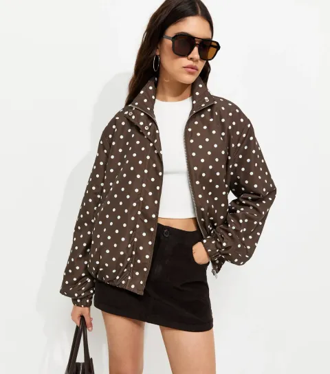 New Look Women's Brown Polka Dot Bubble Hem Zip Windbreaker Jacket