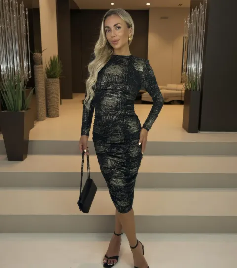 Women's Black Abstract Print Bodycon Midi Dress
