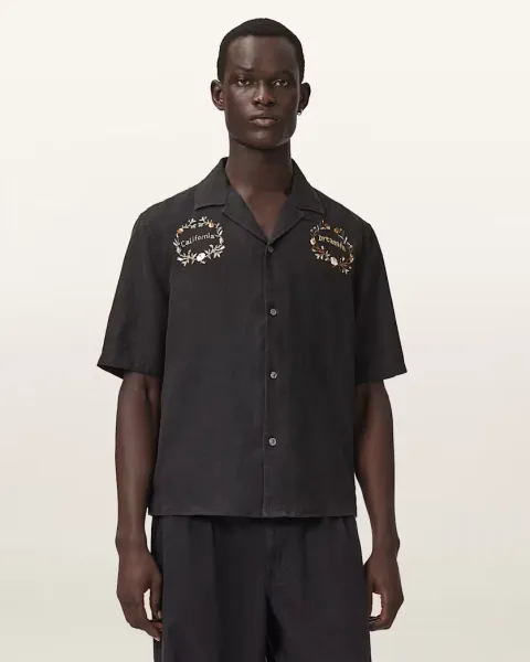 Klavicle Short Sleeve Linen Embroidered Shirt