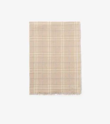Wide Embellished Check Wool Silk Blend Scarf in Sesame beige