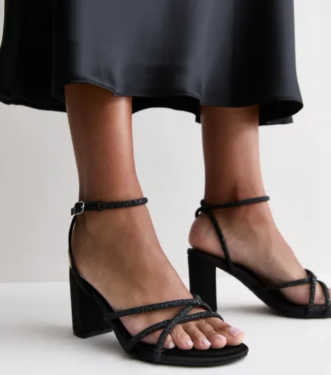 New Look Women's Wide Fit Black Satin Embellished Block Heel Sandals Vegan