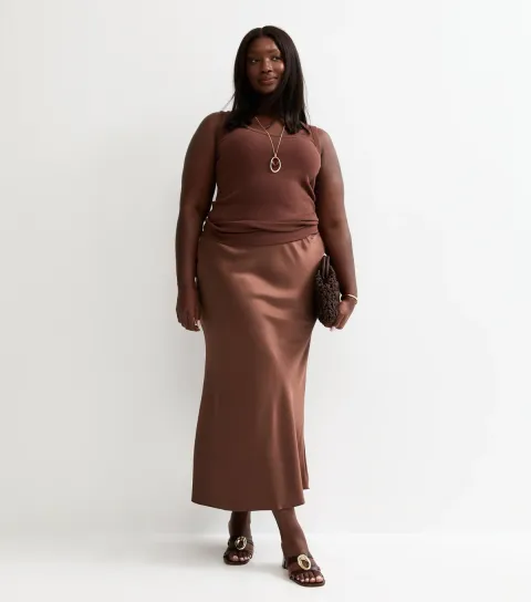 Women's Plus Size Dark Brown Satin Bias Cut Midi Skirt Curves