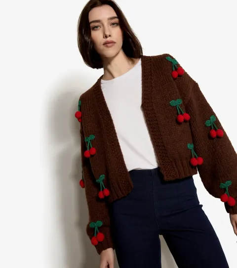 Women's Brown Cherry Appliqued Open Cardigan