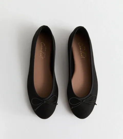 Women's Black Suede-Look Bow-Trim Flat Ballerina Shoes