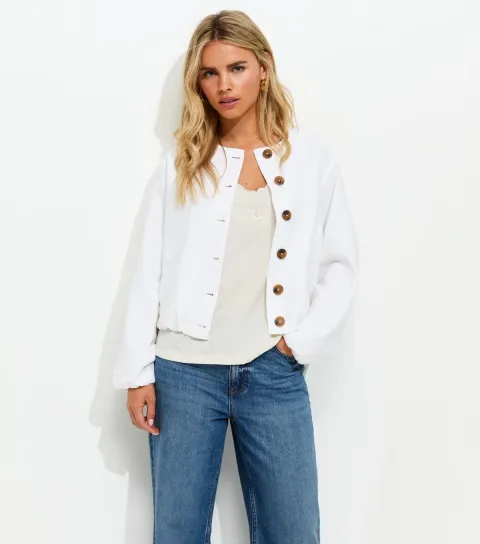 Women's Petite White Linen Blend Button Through Bomber Jacket