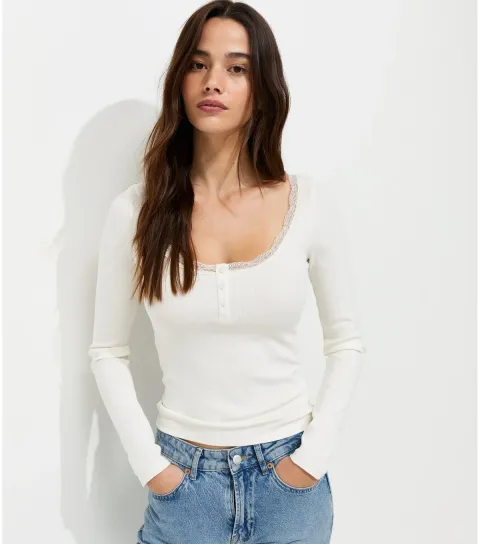 New Look Women's Cream Cotton Rich Lace Trim Long Sleeve Henley Tops