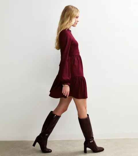 Women's Burgundy Smocked Tiered Mini Dress