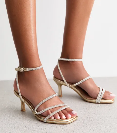 Women's Wide Fit Gold Diamanté Embellished Strappy Sandals Vegan