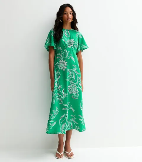 Women's Green Floral Baroque Flutter Sleeve Midi Dress