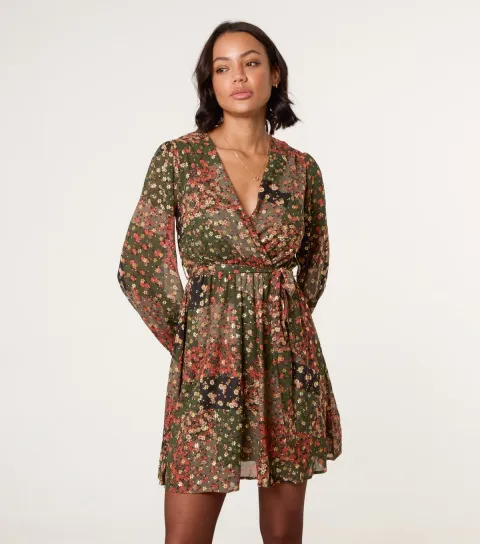 Women's Khaki Gold Foil Wrap Dress