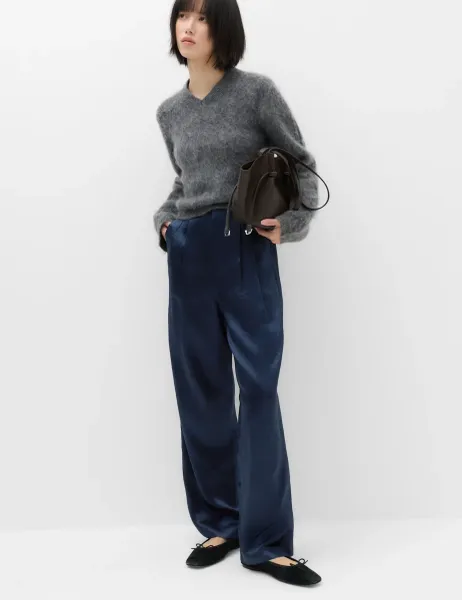 Marks & Spencer Satin Pleated Straight Leg Trousers Midnight Navy