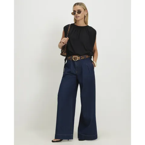 River Island Petite High Waisted Belt Wide Leg Jeans