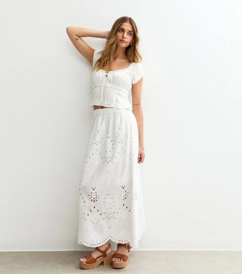 Women's White Embroidered Midi Skirt