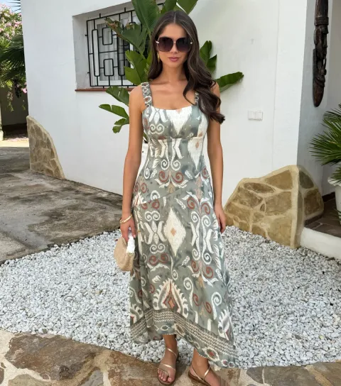 Women's Grey Ruched Strap Printed Midi Dress