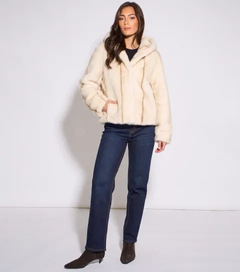 Gini London Women's Cream Ombre Hooded Faux Fur Jacket