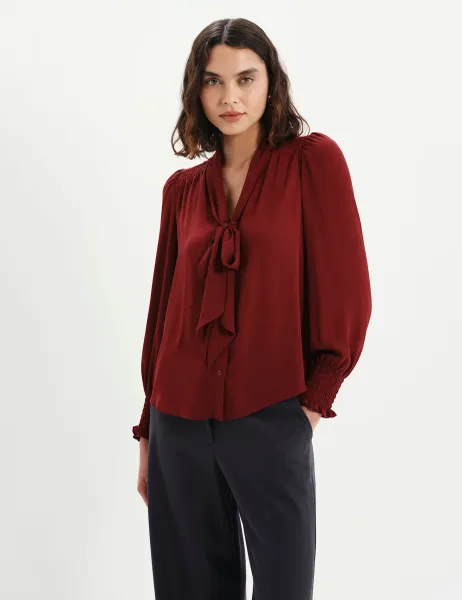 Finery London Tie Neck Button Through Blouson Sleeve Blouse Burgundy