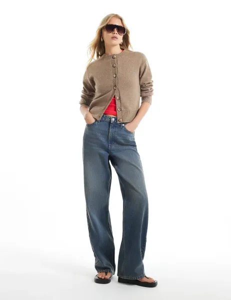 River Island Crew Neck Button Front Relaxed Cardigan Beige
