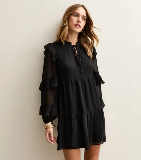 Women's Black Ruffle Trimmed Tie Neck Chiffon Mini Dress