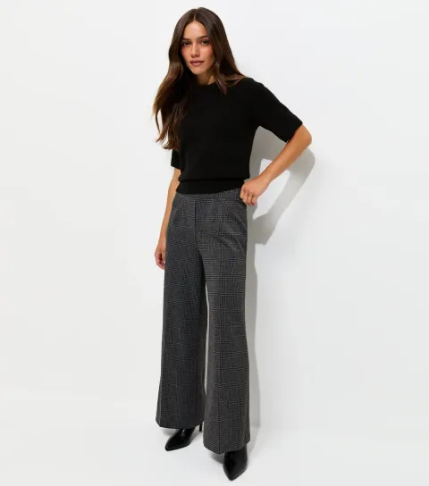 Women's Petite Black Checked Jersey Wide Leg Trousers