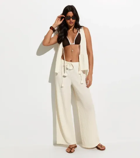 Women's Off White Textured Jersey Beach Wide Leg Trouser