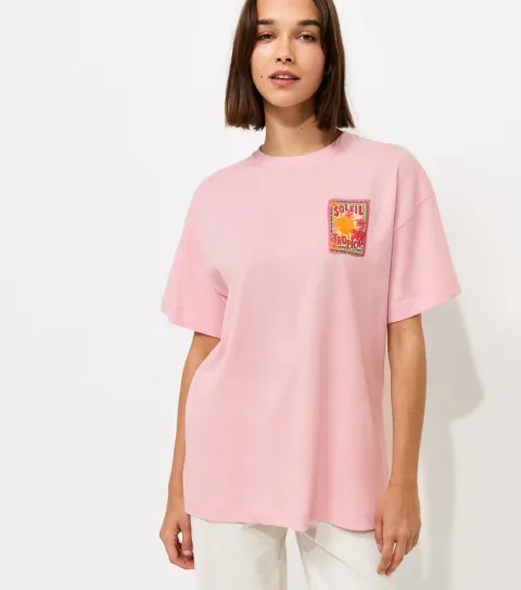 Women's Light Pink Soleil Tropical Stamp Print Oversized T-Shirt