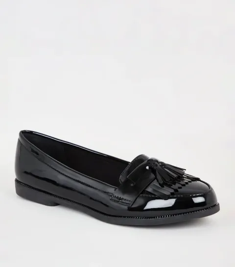 Women's Black Patent Front Tassel Trim Loafers Vegan