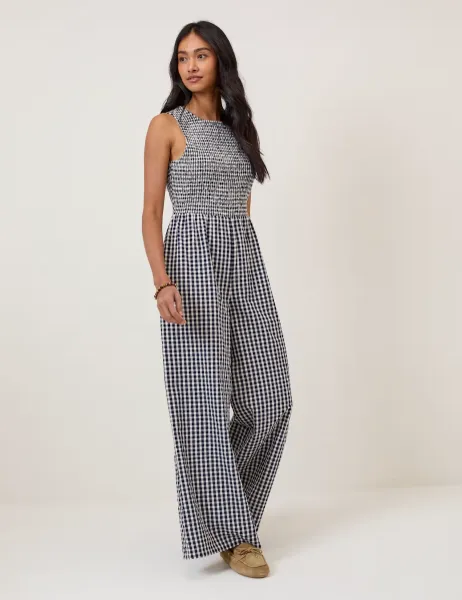 Nobody's Child Pure Cotton Checked Wide Leg Jumpsuit Blue