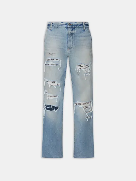 CHECKERED REPAIR BOOTCUT JEAN - Aged Indigo