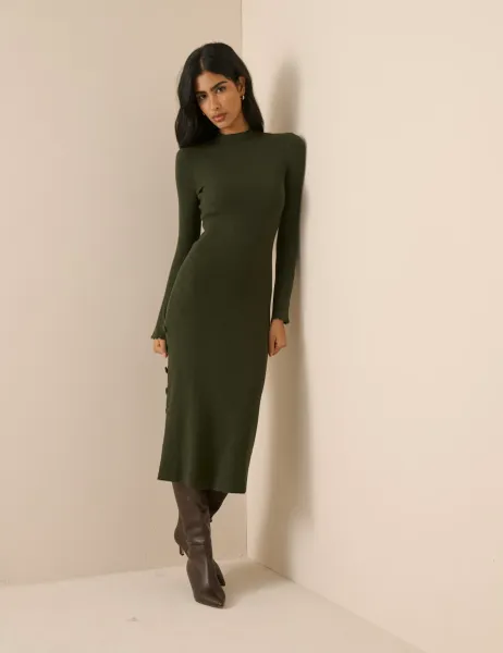 Nobody's Child Side Button Detail Midi Bodycon Dress Green