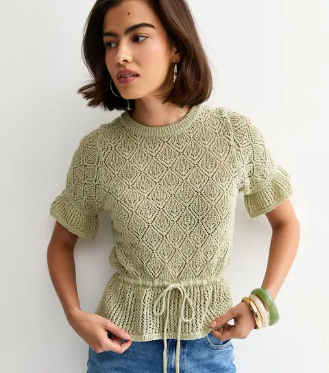 Women's Green Open Knit Drawstring Waist Frilly Trim Top