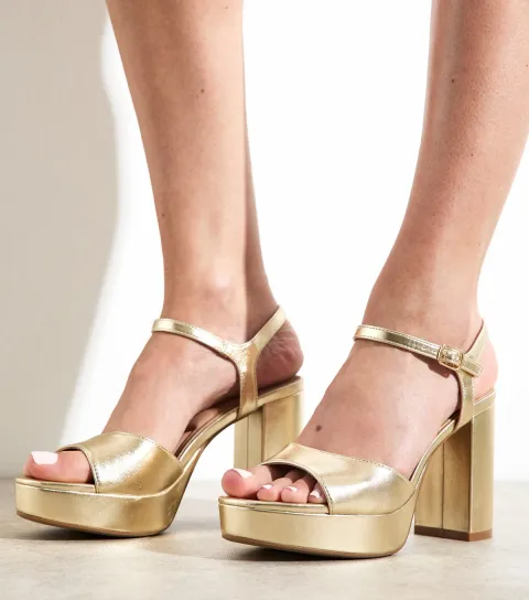 Women's Gold Faux Leather Platform Sole Block Heel Sandals Vegan