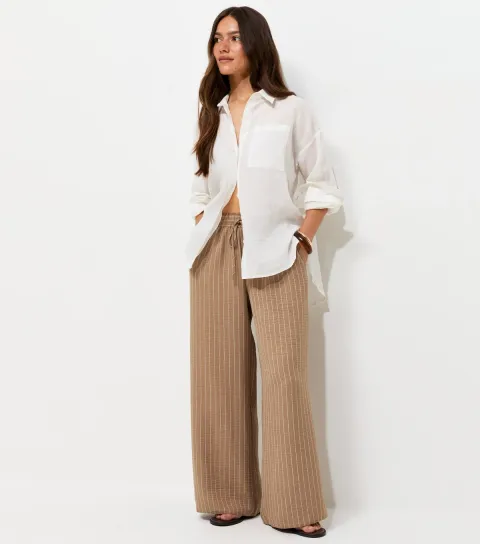 Women's Petite Brown Pinstriped Wide Leg Trousers