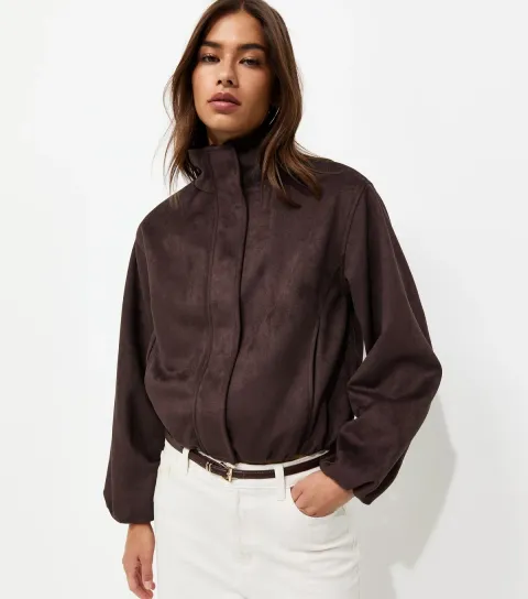 New Look Women's Dark Brown Faux Suede Bubble Hem Jacket