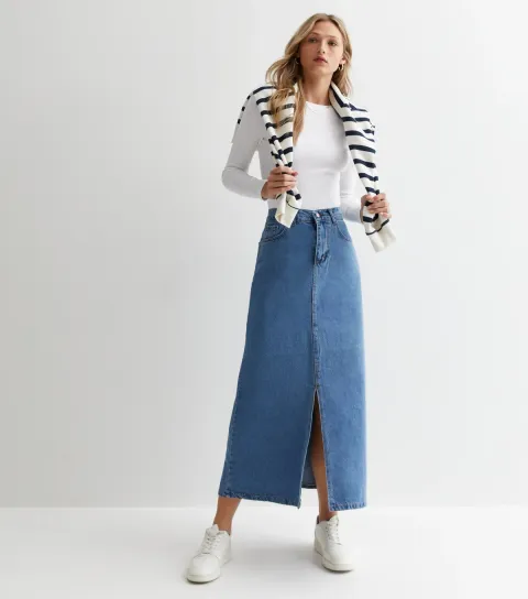 Women's Bliss Blue Denim Split Front Maxi Skirt
