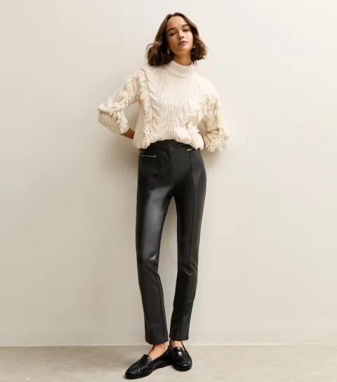 Women's Black Faux Leather Zip Detail Biker Leggings