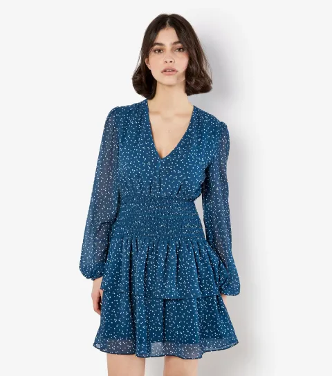 Women's Teal Spot Smock Tiered Mini Dress
