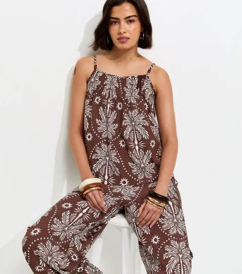 Women's Brown Crepe Sun Patterened Bead Cami Strap Top